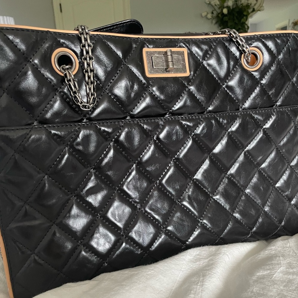Black leather two tone CHANEL Reissue TOTE BAG tan and black with aged silver